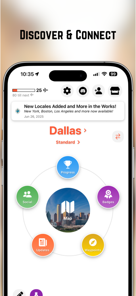 ダラスのマップソーシャル進捗状況やバッジなどの都市発見機能を示すOpen Worldアプリのインターフェイス。