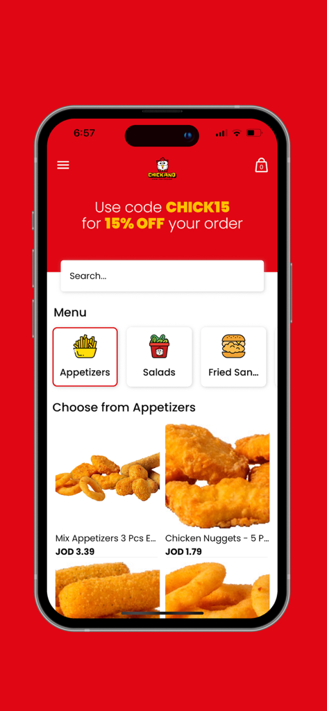 Chickano - Chickano mobile app interface showing a 15 percent discount code and the appetizer menu