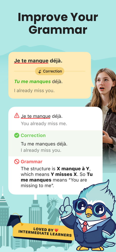 Kippy AI Tutor grammar correction feature for intermediate language learners