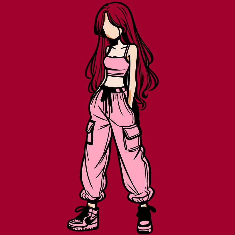 girl in baggy pants crop top and long hair