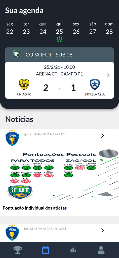iFut - iFut app dashboard showing a soccer match schedule with results and individual performance news