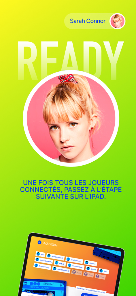 A player profile ready screen in the ThisisBlindTest music trivia app showing connected participants on an iPad