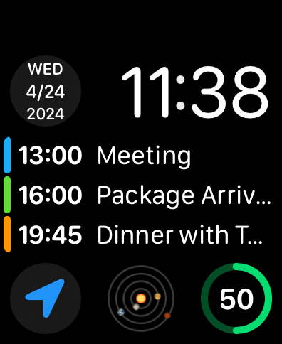今後のイベントリストと日付コンプリケーションを表示する Apple Watch の文字盤