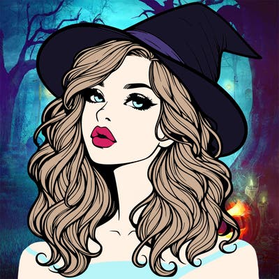 realistic witch girl with wavy hair and lips