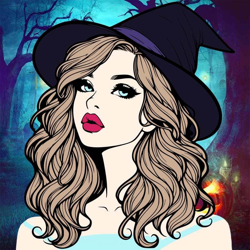 realistic witch girl with wavy hair and lips