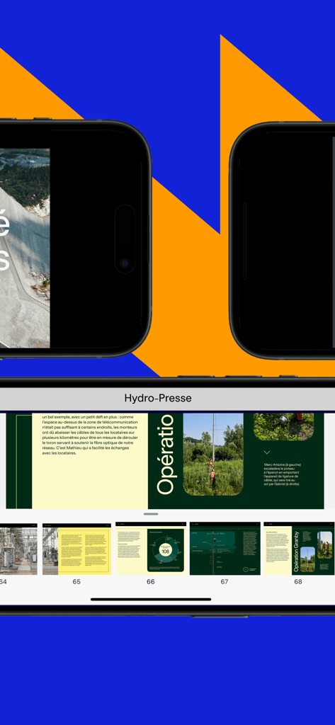 Hydro-Presse - Interfaz de la aplicación móvil Hydro-Presse que muestra un visor de revistas digitales con artículos e infografías