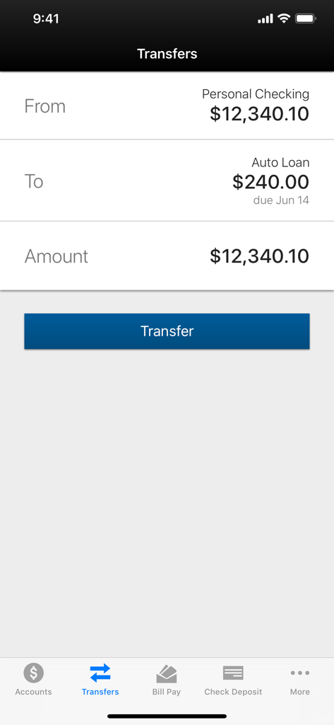 Interface de l'application mobile Neches Federal Credit Union pour le transfert de fonds entre comptes et prêts personnels