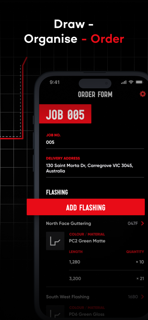 Flash.It - Oberfläche der Flash.It App mit einem Auftragsformular für Dachbleche