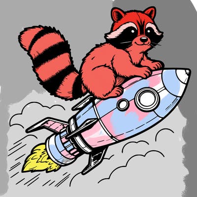realistic raccoon flying on top rocket ship