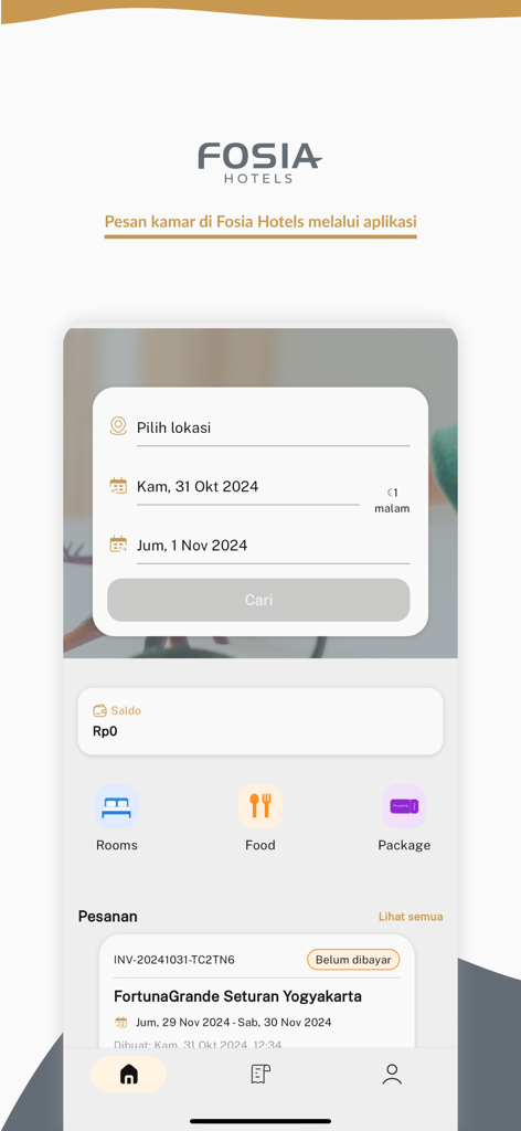 Fosia Hotels - Mobile interface for Fosia Hotels showing room search and hotel services