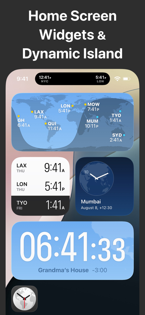 World Clock Time Zone Widgets - 월드 클락 위젯과 Dynamic Island 시간 표시가 있는 iOS 홈 화면