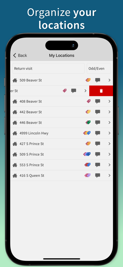 La pantalla Mis Ubicaciones en la aplicación Territory Helper muestra una lista de direcciones y etiquetas para visitas de servicio de campo