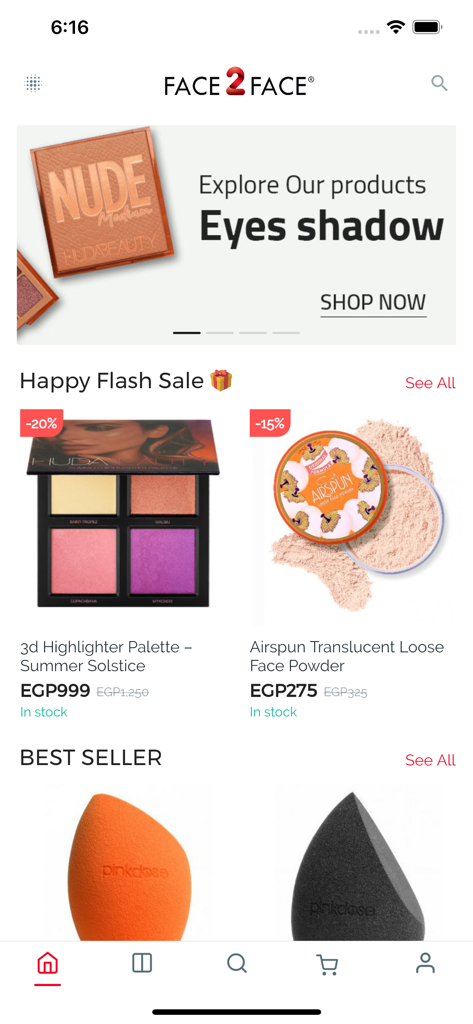 Home screen of the Face2Face app featuring beauty product flash sales and high-end cosmetics.