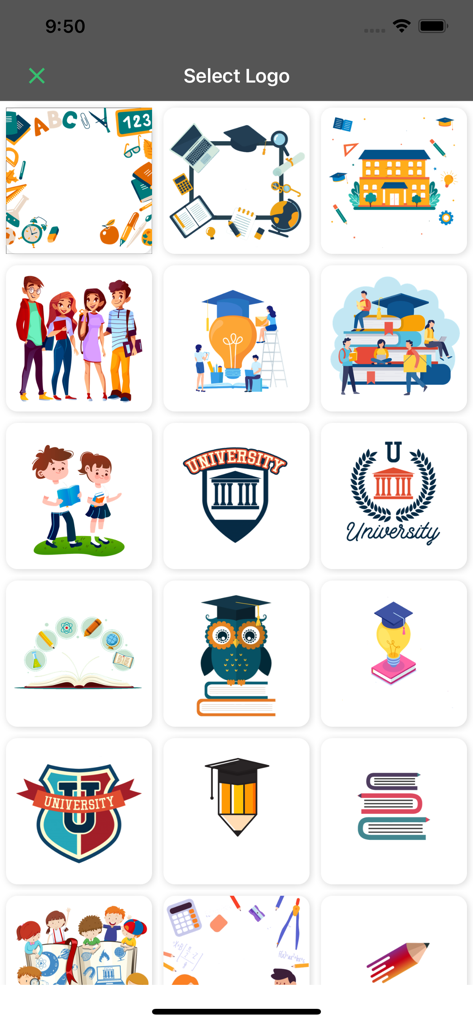 Uma grade de modelos de logos de educação e universitários no aplicativo criador de logos