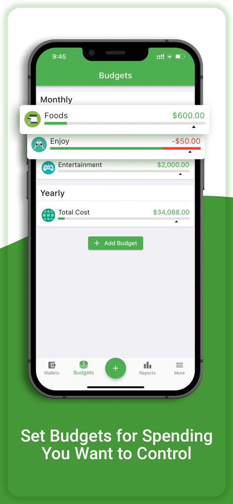 Finance Assist: Money Tracker - Finance Assist mobile app screen showing monthly budget categories and progress bars for food and entertainment