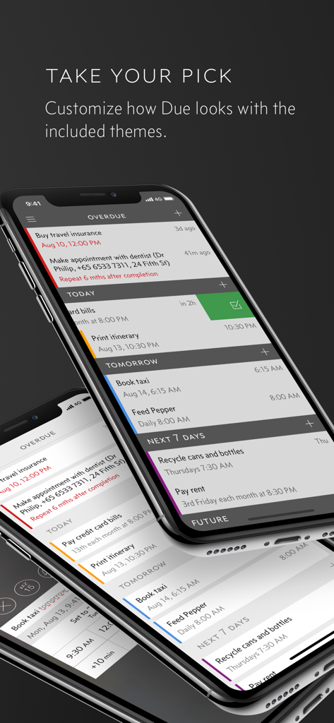Due - Reminders & Timers - Três iPhones exibindo diferentes temas de cores e lembretes categorizados no aplicativo Due.