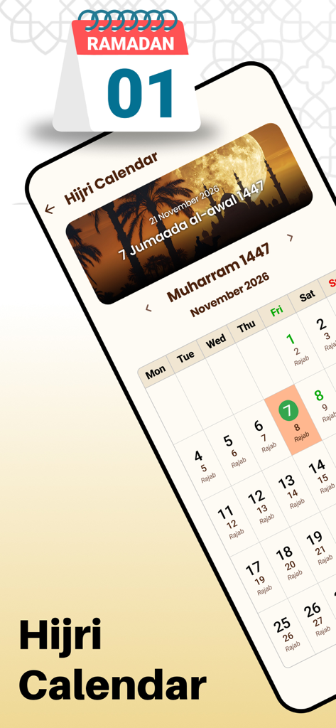 Islamic Hijri Calendar 2026 - Captura de pantalla de la aplicación Calendario Islámico Hégira 2026 que muestra una vista mensual con fechas de la Hégira y gregoriana