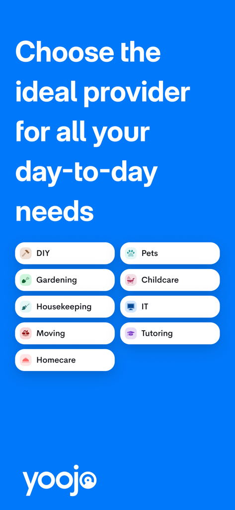 Écran de l'application Yoojo montrant une liste de catégories de services à domicile comprenant le bricolage, le jardinage, le ménage et la garde d'enfants