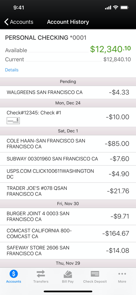 Mechanics Bank mobile banking app screen showing personal checking balance and transaction history