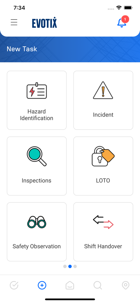 Interface de l'application mobile Evotix Roam montrant diverses catégories de tâches de sécurité, y compris l'identification des dangers et la déclaration d'incidents.