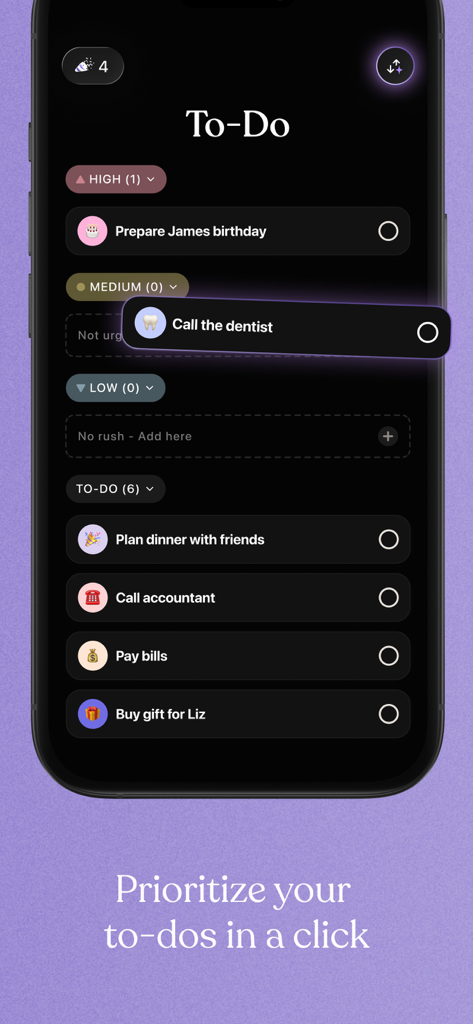 Tiimo app screen showing a to-do list with tasks categorized by high medium and low priority