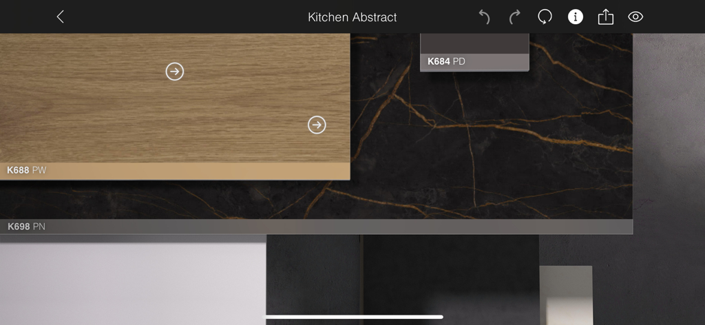 Kronodesign - Kronodesignアプリ内のデジタルムードボード。キッチンインテリアデザイン用の木材と大理石の素材テクスチャが表示されています。