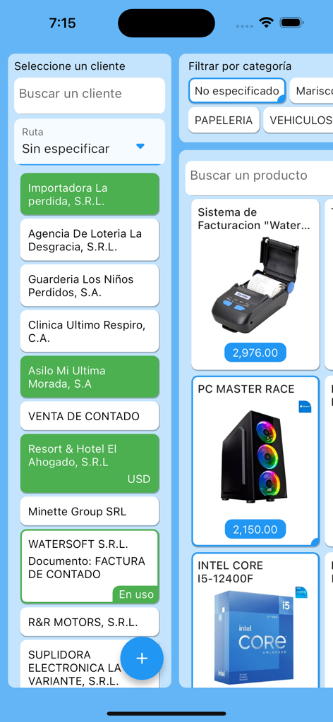 Watersoft Fact App - Watersoft Fact App sales interface showing client list and product catalog with prices