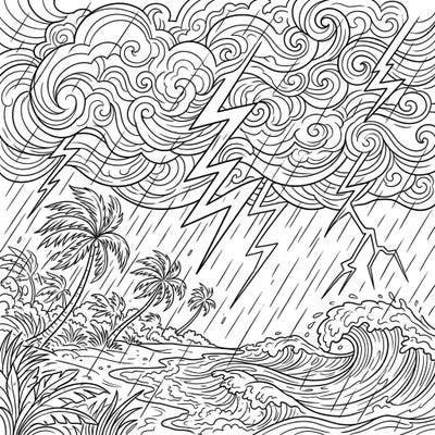 Unleash your creativity with this dynamic coloring page featuring a powerful summer thunderstorm. Dive into a scene of rumbling clouds, flashing lightning, and turbulent tropical waters.