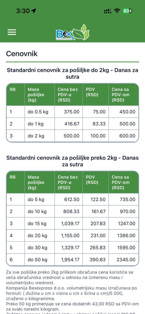 Bex Mobile - Bex Mobile app shipping price list showing delivery rates by package weight