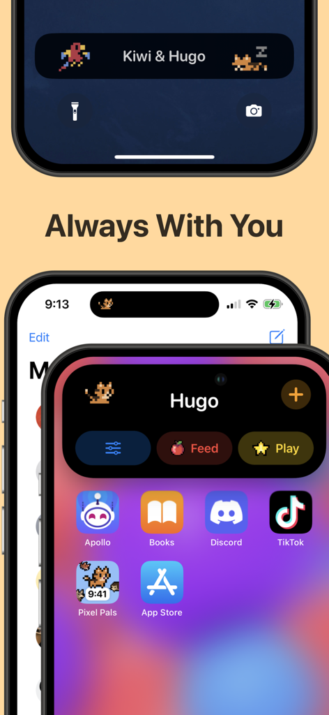 Pixel Pals app showcasing pixel pets on the iPhone Lock Screen and Dynamic Island with interaction options like feed and play