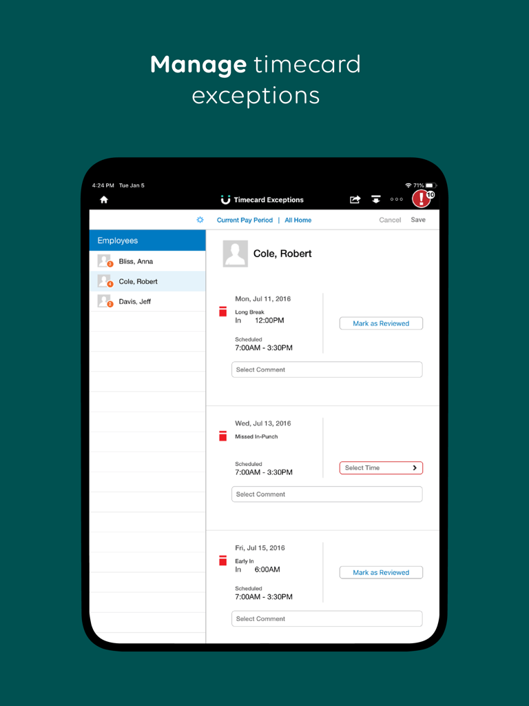Interface do tablet UKG Workforce Central para gerentes revisarem e gerenciarem exceções de cartões de ponto de funcionários