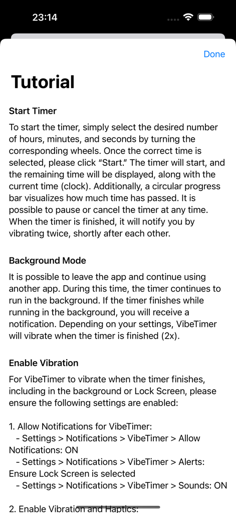 VibeTimer - Vibration Timer - Pantalla de tutorial de la aplicación VibeTimer con instrucciones para iniciar un temporizador y habilitar las vibraciones hápticas.