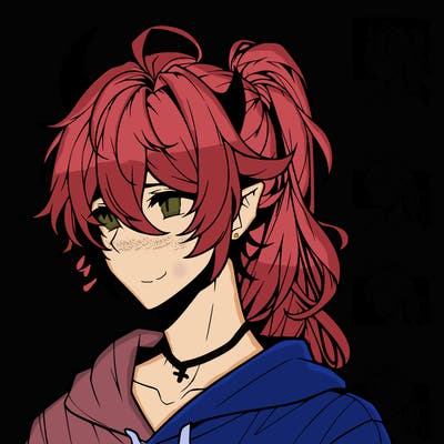 realistic hot anime boy with horns and long messy hair put in a pony tail