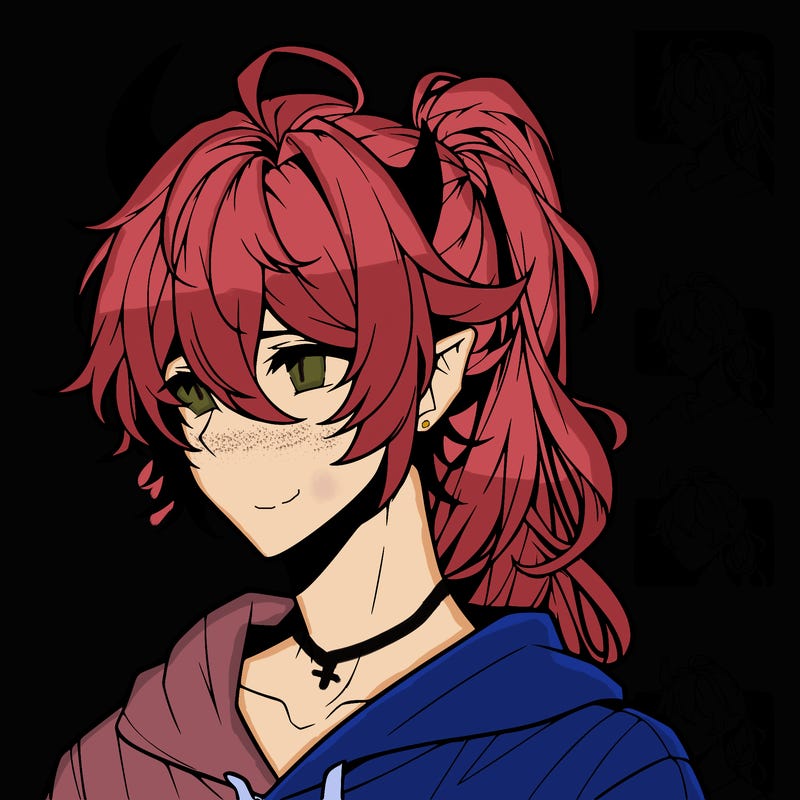 realistic hot anime boy with horns and long messy hair put in a pony tail