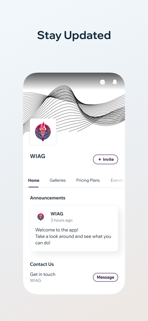 WiAIG - The home screen of the WiAIG app showing the announcements section with a welcome message and stay updated header.