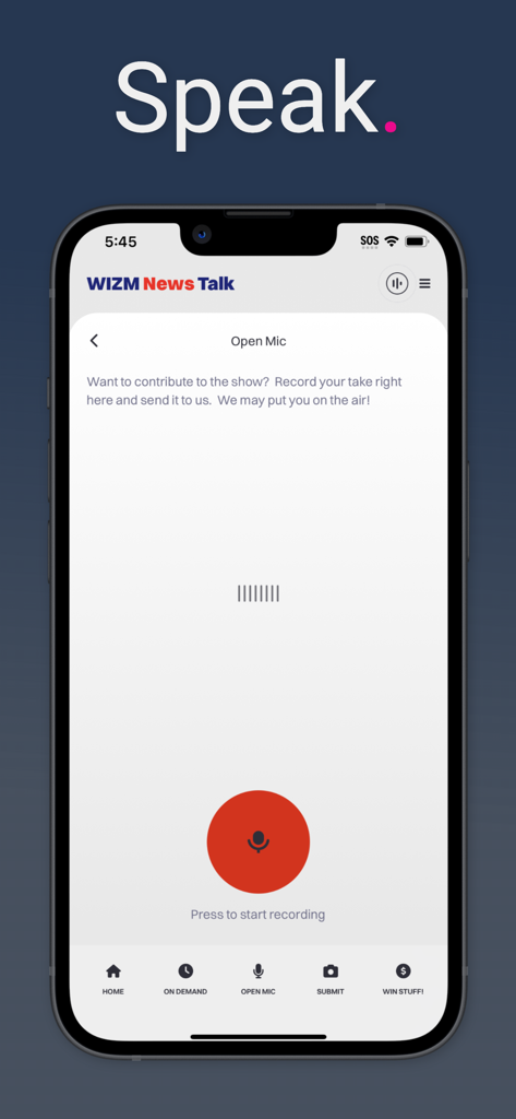 Tela Open Mic do aplicativo WIZM News com um botão de gravação vermelho para contribuições de ouvintes