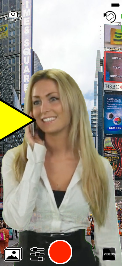 Green Screen Live Video Record - A woman recording a video with a virtual Times Square background using the Green Screen Live Video Record app interface