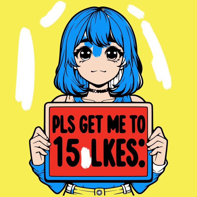 realistic girl holding up a sign that says “pls get me to 15 likes!”