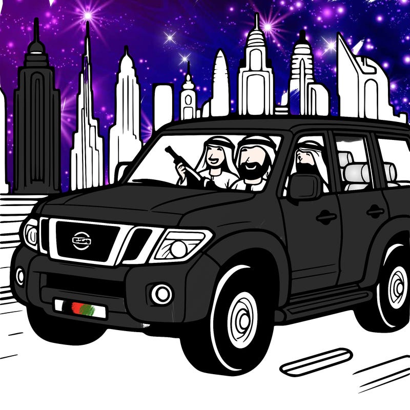 arabs driving a nissan petrol in dubai