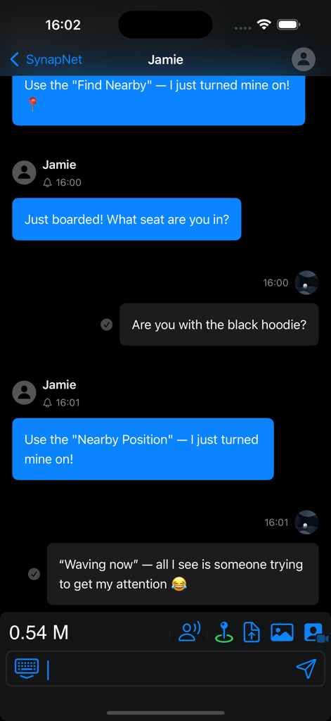 SynapNet - Offline Messenger - A chat screen from SynapNet offline messenger where users exchange messages to locate each other without an internet connection.