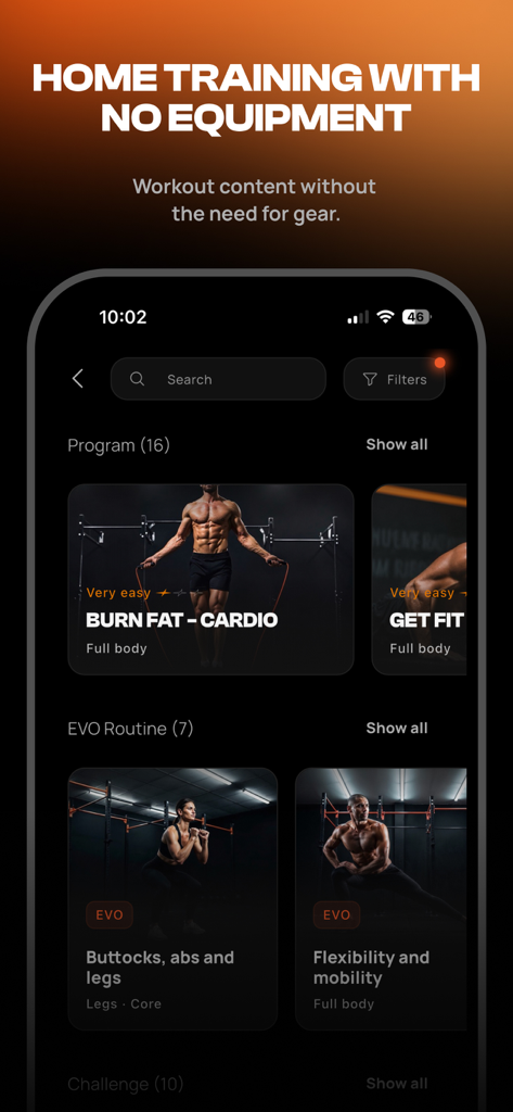 Calisteniapp: Fit & Strong - Calisteniapp-Oberfläche zeigt verschiedene Home-Workout-Programme, die keine Ausrüstung erfordern