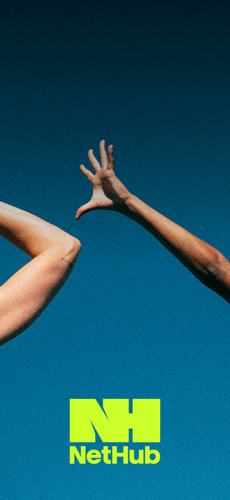 NetHub App - NetHub app splash screen showing two arms reaching up to a blue sky with a lime green logo