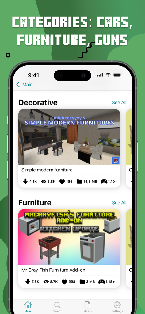 Screenshot of the Minecraft mods app showing decorative and furniture addon categories on an iPhone.