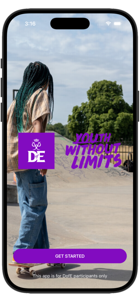 Welcome screen of the DofE app featuring a young person on a skateboard with the slogan Youth Without Limits.