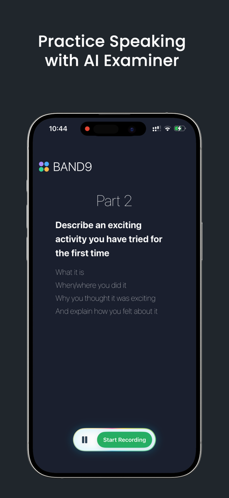 IELTS Band9 – AI Mock Tests - IELTS Band9 app speaking practice screen with a test prompt and start recording button.