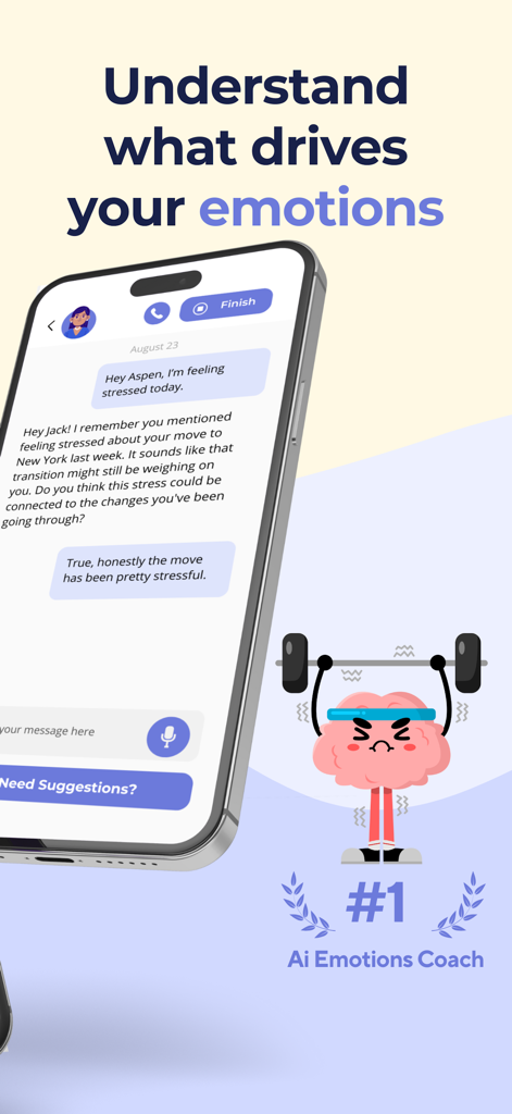 Captura de pantalla de la aplicación Vent Now que muestra una conversación de chat con el asistente de IA Aspen y un icono de un cerebro levantando pesas.