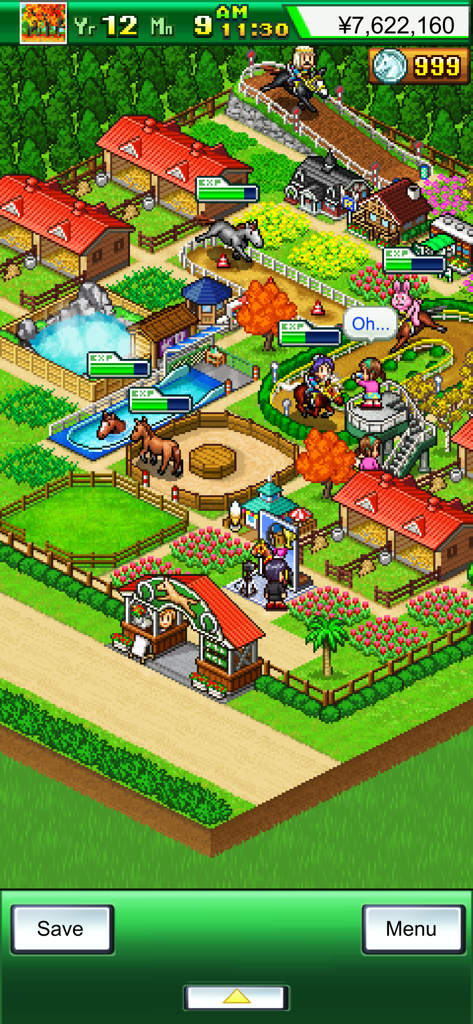 Pocket Stables - High-angle view of a pixel art horse ranch in Pocket Stables featuring training facilities, horses, and buildings