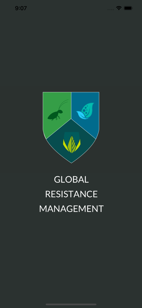 Global Resistance Management - グローバル抵抗性管理のロゴが表示されたアプリのスプラッシュスクリーン