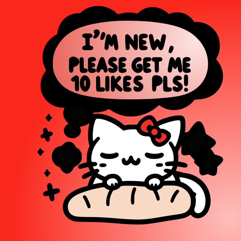 kitty taking a nap dream talking and saying "i'm new, please get me at least 10 likes pls!!"