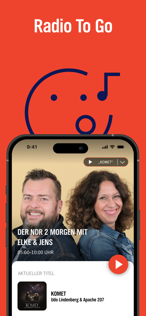 NDR 2 - Smartphone screen showing the NDR 2 radio app interface with the morning show hosts and currently playing music
